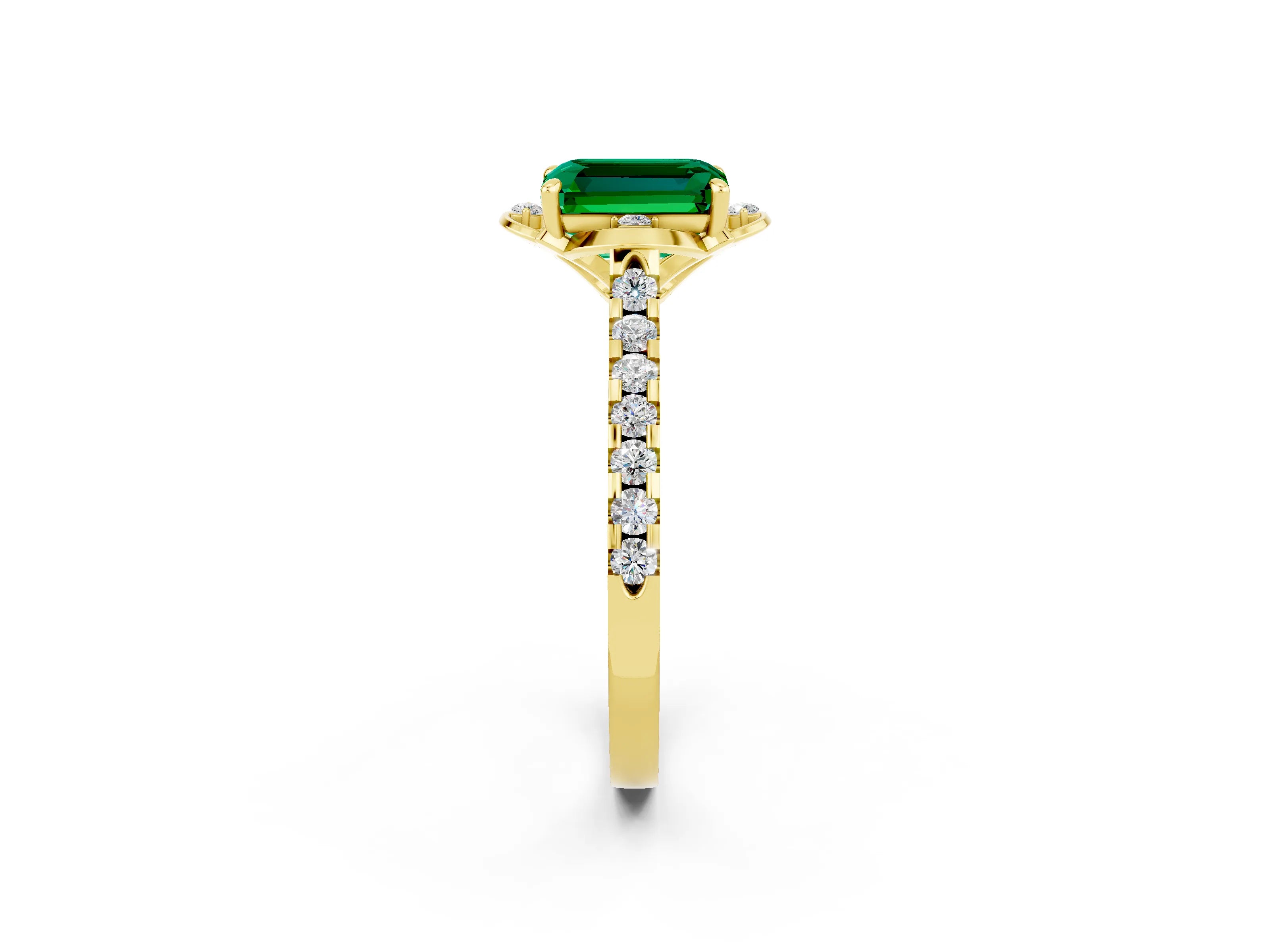 Yellow gold Emerald Cut Emerald Ring with Pavé Band and Floral Prong Setting_2