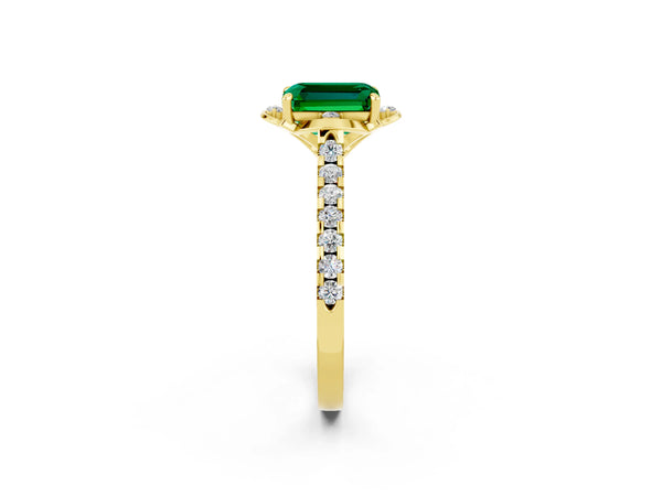 Yellow gold Emerald Cut Emerald Ring with Pavé Band and Floral Prong Setting
