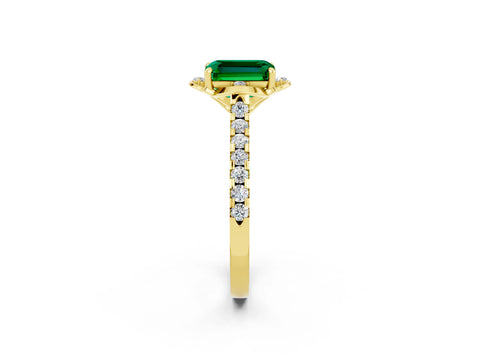 Yellow gold Emerald Cut Emerald Ring with Pavé Band and Floral Prong Setting_2