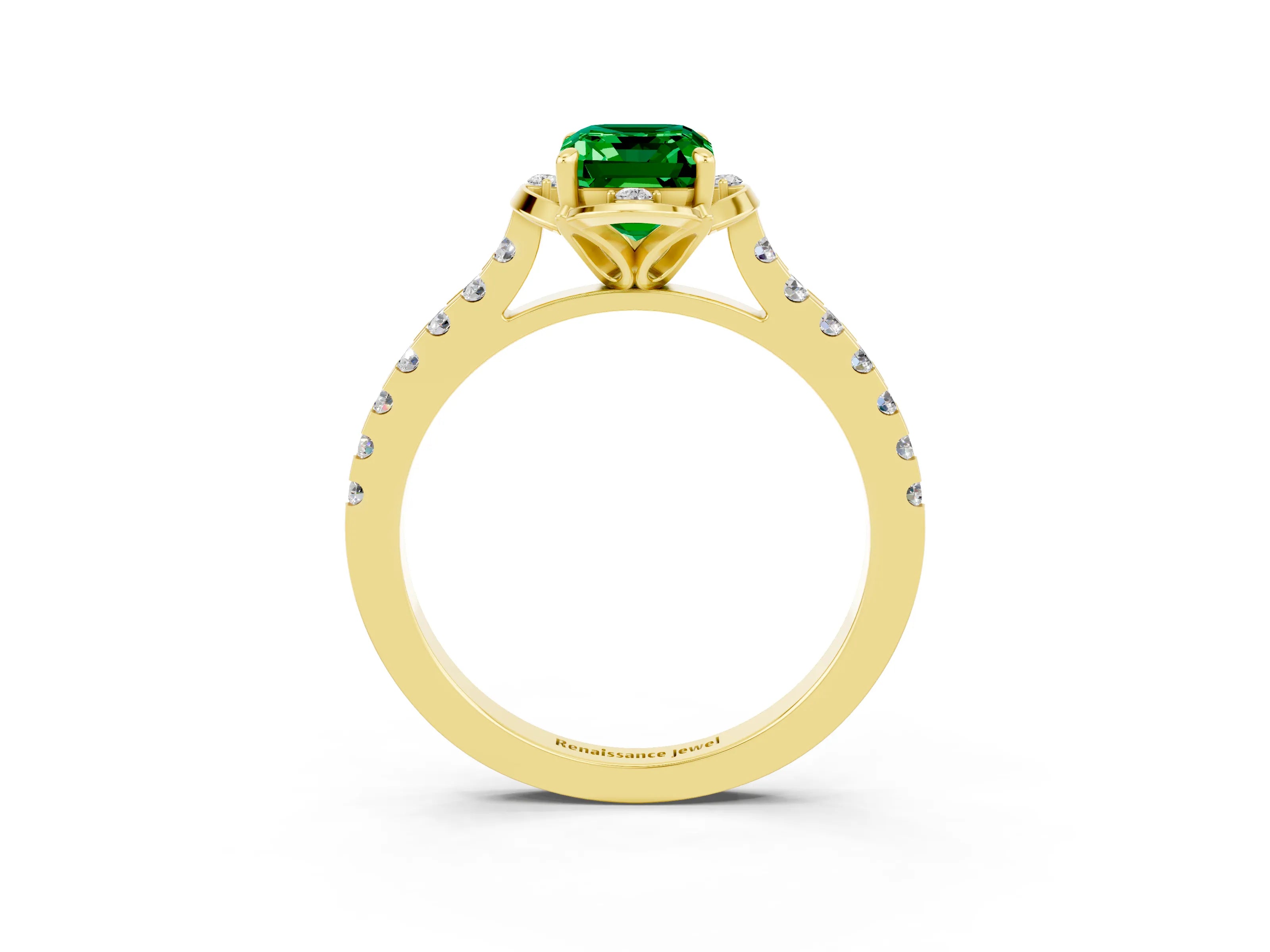 Yellow gold Emerald Cut Emerald Ring with Pavé Band and Floral Prong Setting_3