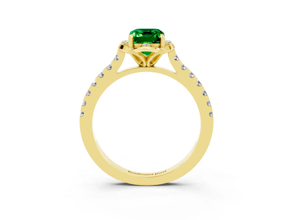 Yellow gold Emerald Cut Emerald Ring with Pavé Band and Floral Prong Setting