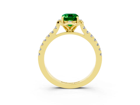 Yellow gold Emerald Cut Emerald Ring with Pavé Band and Floral Prong Setting_3