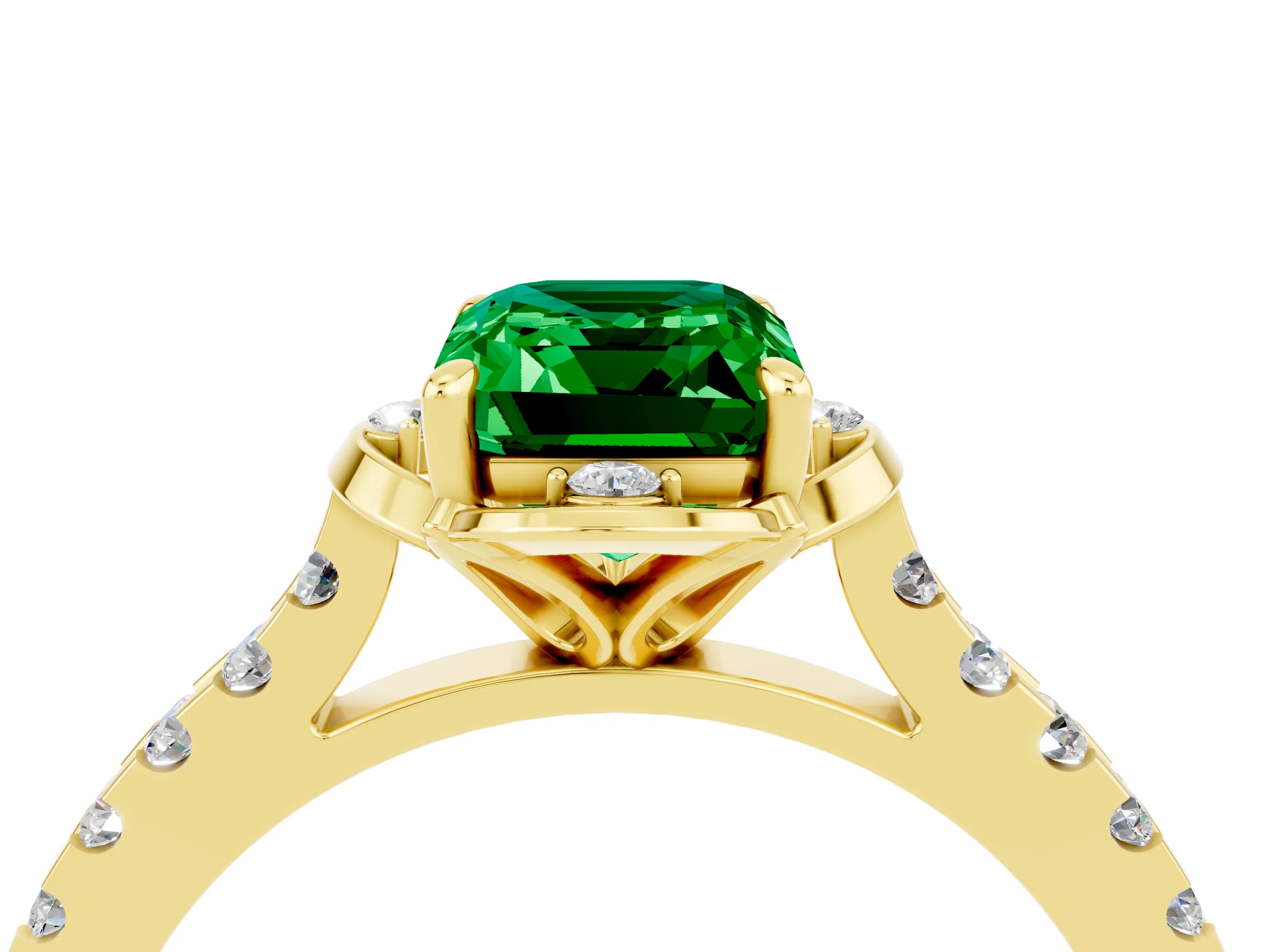 Yellow gold Emerald Cut Emerald Ring with Pavé Band and Floral Prong Setting_4