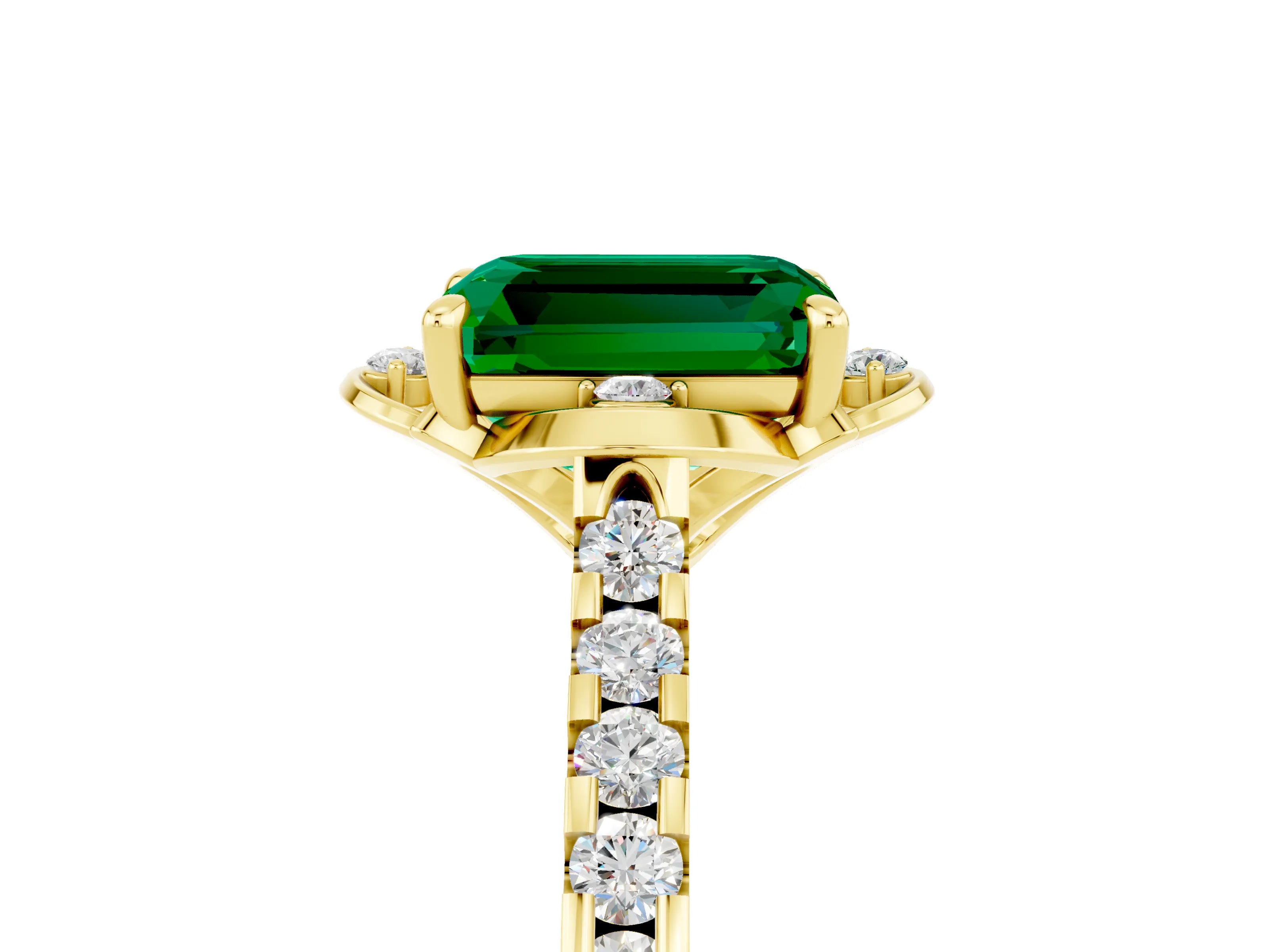 Yellow gold Emerald Cut Emerald Ring with Pavé Band and Floral Prong Setting_5
