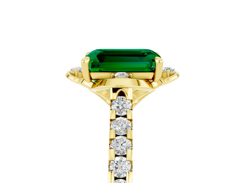 Yellow gold Emerald Cut Emerald Ring with Pavé Band and Floral Prong Setting_5