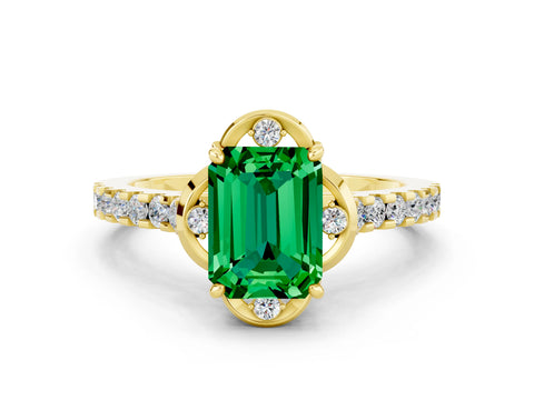 Yellow gold Emerald Cut Emerald Ring with Pavé Band and Floral Prong Setting