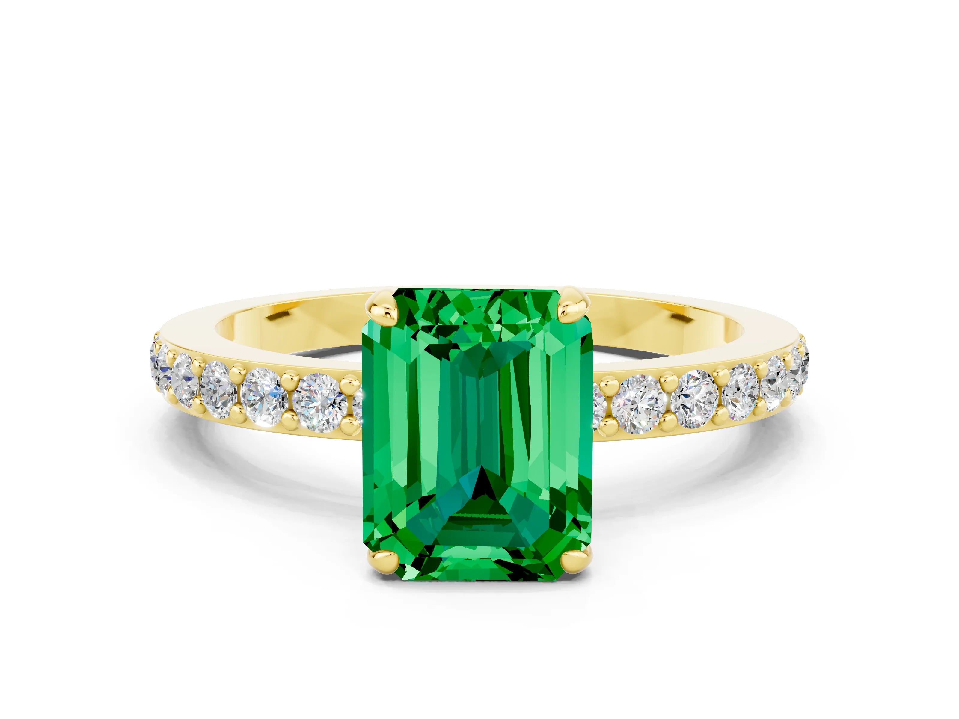 Yellow gold Emerald Cut Emerald Ring with Pavé Band and Four-Prong Setting