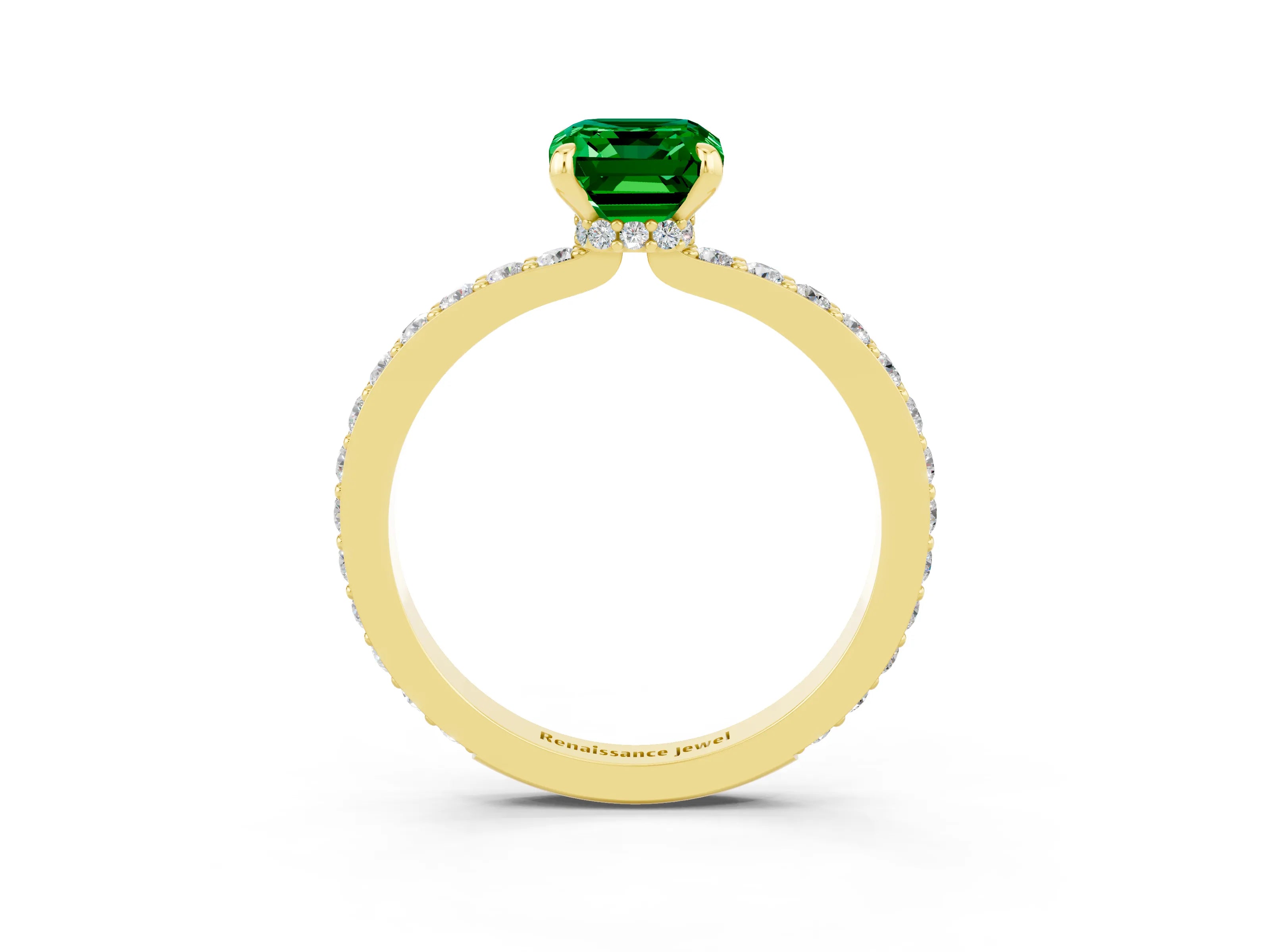 Yellow gold Emerald Cut Emerald Ring with Pavé Band and Four-Prong Setting_3
