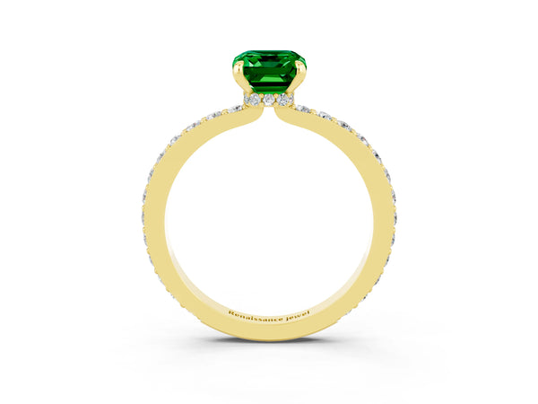 Yellow gold Emerald Cut Emerald Pavé Engagement Ring with Round  Accents and Prong Setting