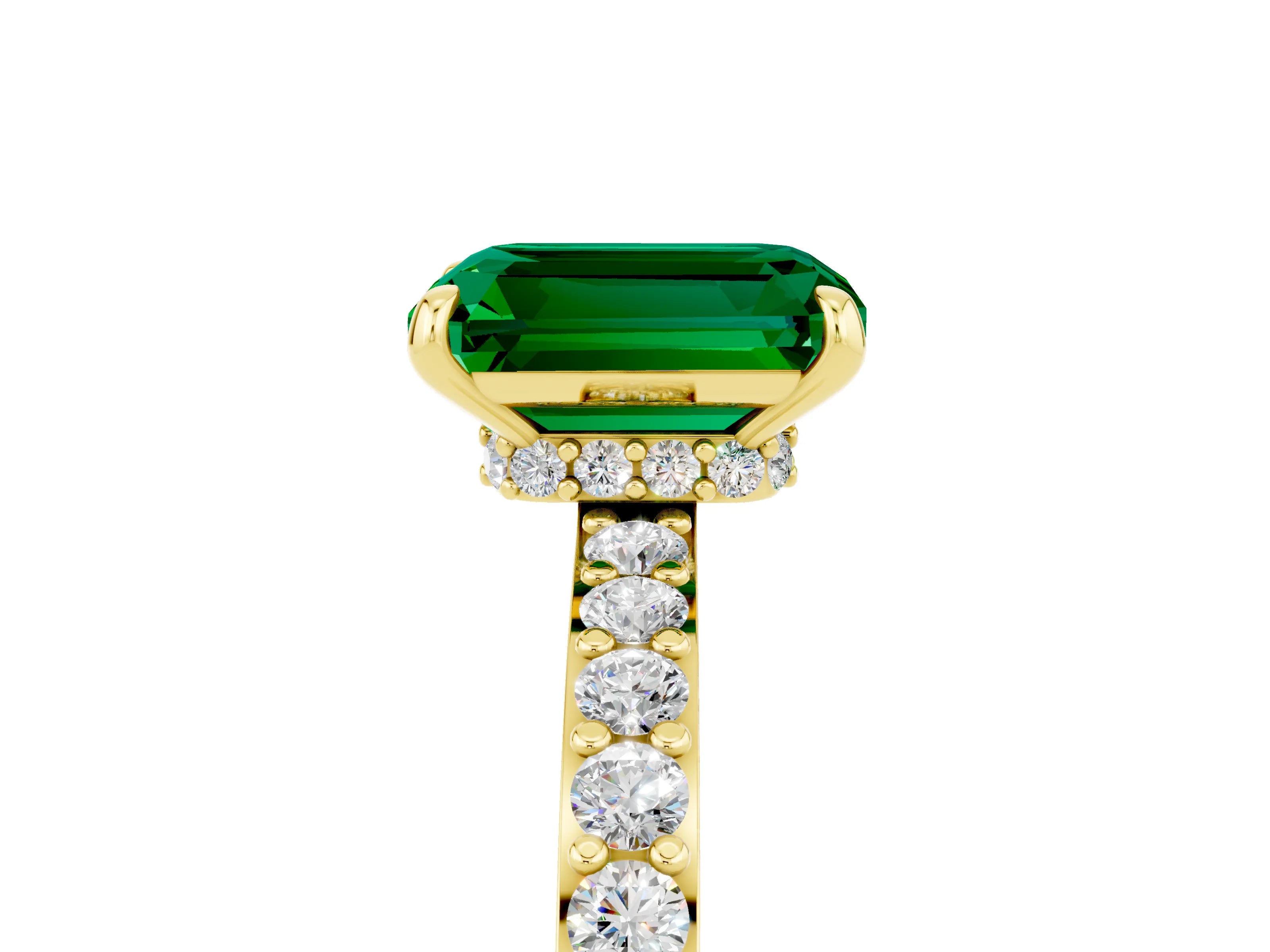 Yellow gold Emerald Cut Emerald Ring with Pavé Band and Four-Prong Setting_5