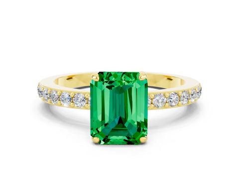 Yellow gold Emerald Cut Emerald Ring with Pavé Band and Four-Prong Setting