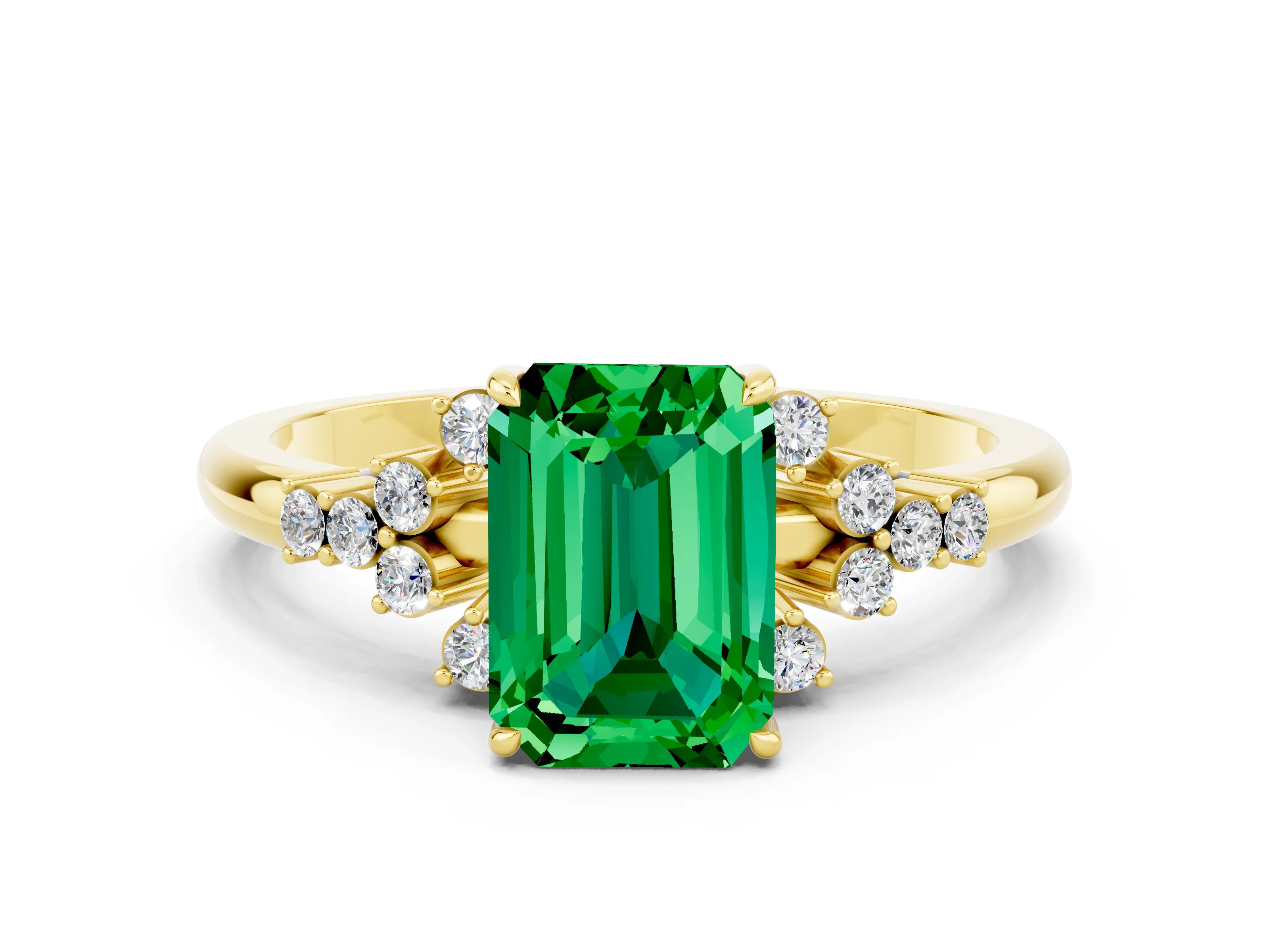 Yellow gold Emerald Cut Emerald Ring with Side Stones and Four-Prong Setting_36