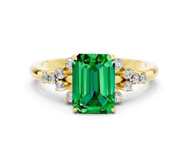 Yellow gold Emerald Cut Emerald Ring with Side Stones and Four-Prong Setting