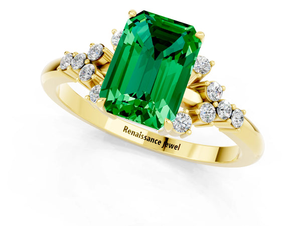 Yellow gold Emerald Cut Emerald Ring with Side Stones and Four-Prong Setting