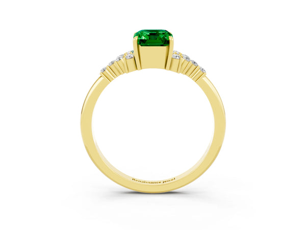 Yellow gold Emerald Cut Emerald Ring with Side Stones and Four-Prong Setting