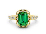 Yellow gold Emerald Cut Emerald Scalloped Halo Engagement Ring with Round Shared Prong Band_24