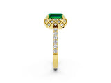 Yellow gold Emerald Cut Emerald Scalloped Halo Engagement Ring with Round Shared Prong Band_26