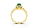 Yellow gold Emerald Cut Emerald Scalloped Halo Engagement Ring with Round Shared Prong Band_27