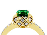 Yellow gold Emerald Cut Emerald Scalloped Halo Engagement Ring with Round Shared Prong Band_28
