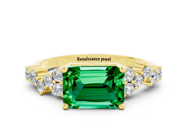 Yellow gold Emerald Cut Emerald Scattered Round Accent Ring with Prong Setting