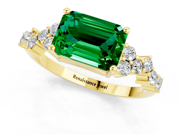 Yellow gold Emerald Cut Emerald Scattered Round Accent Ring with Prong Setting