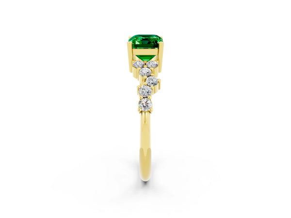 Yellow gold Emerald Cut Emerald Scattered Round Accent Ring with Prong Setting