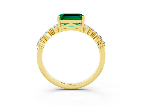 Yellow gold Emerald Cut Emerald Scattered Round Accent Ring with Prong Setting