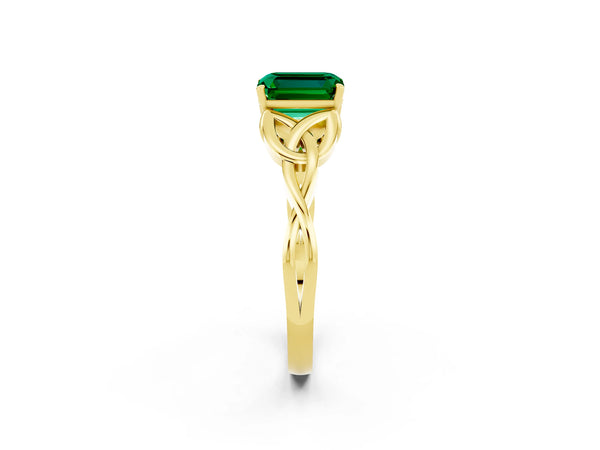Yellow gold Emerald Cut Emerald Solitaire Celtic Knot Ring with Four-Prong Setting