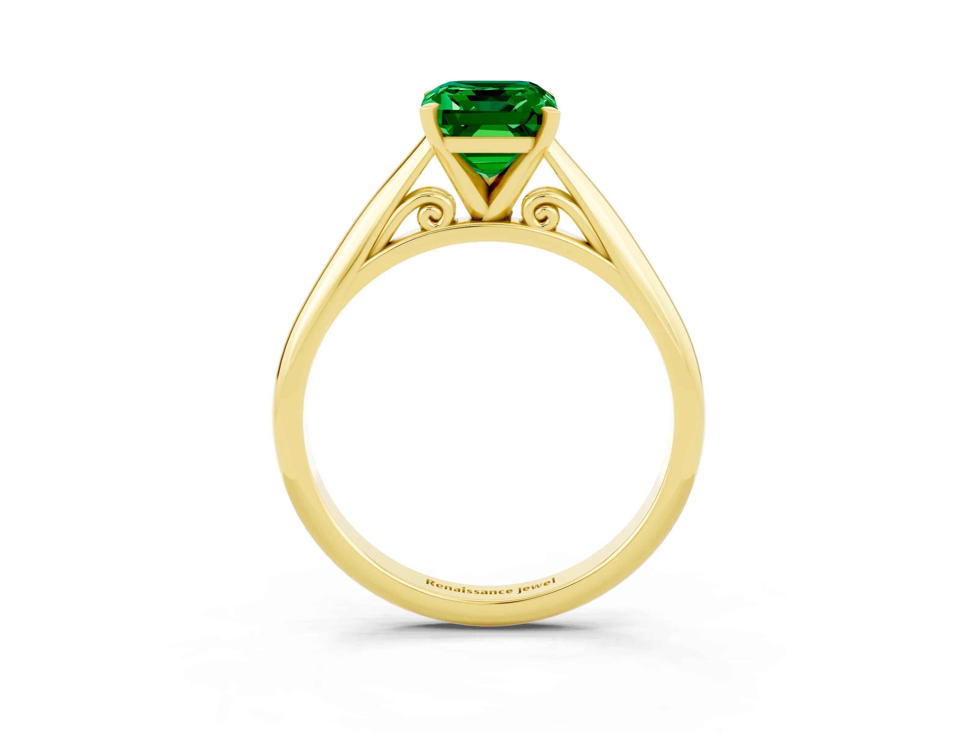 Yellow gold Emerald Cut Emerald Solitaire Engagement Ring with Cathedral Setting and Four-Prong Mount_15