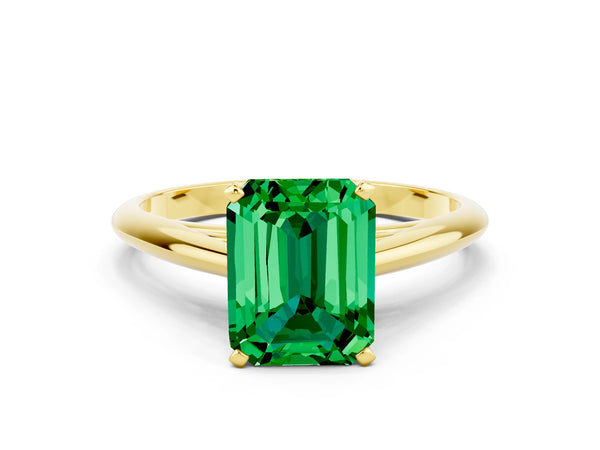 Yellow gold Emerald Cut Emerald Solitaire Engagement Ring with Cathedral Setting and Four-Prong Mount