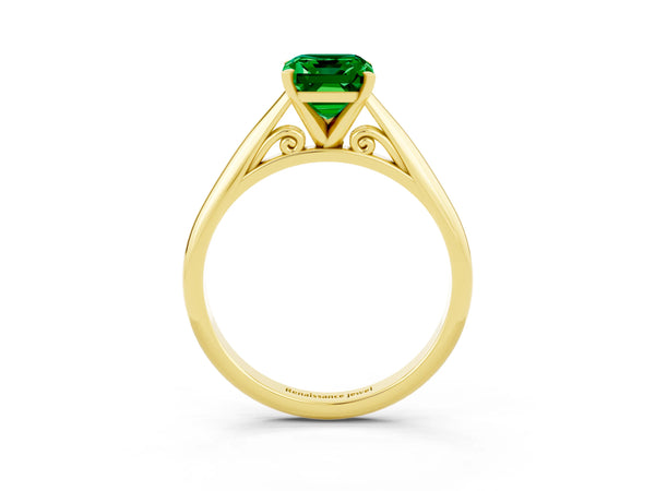Yellow gold Emerald Cut Emerald Solitaire Engagement Ring with Cathedral Setting and Four-Prong Mount