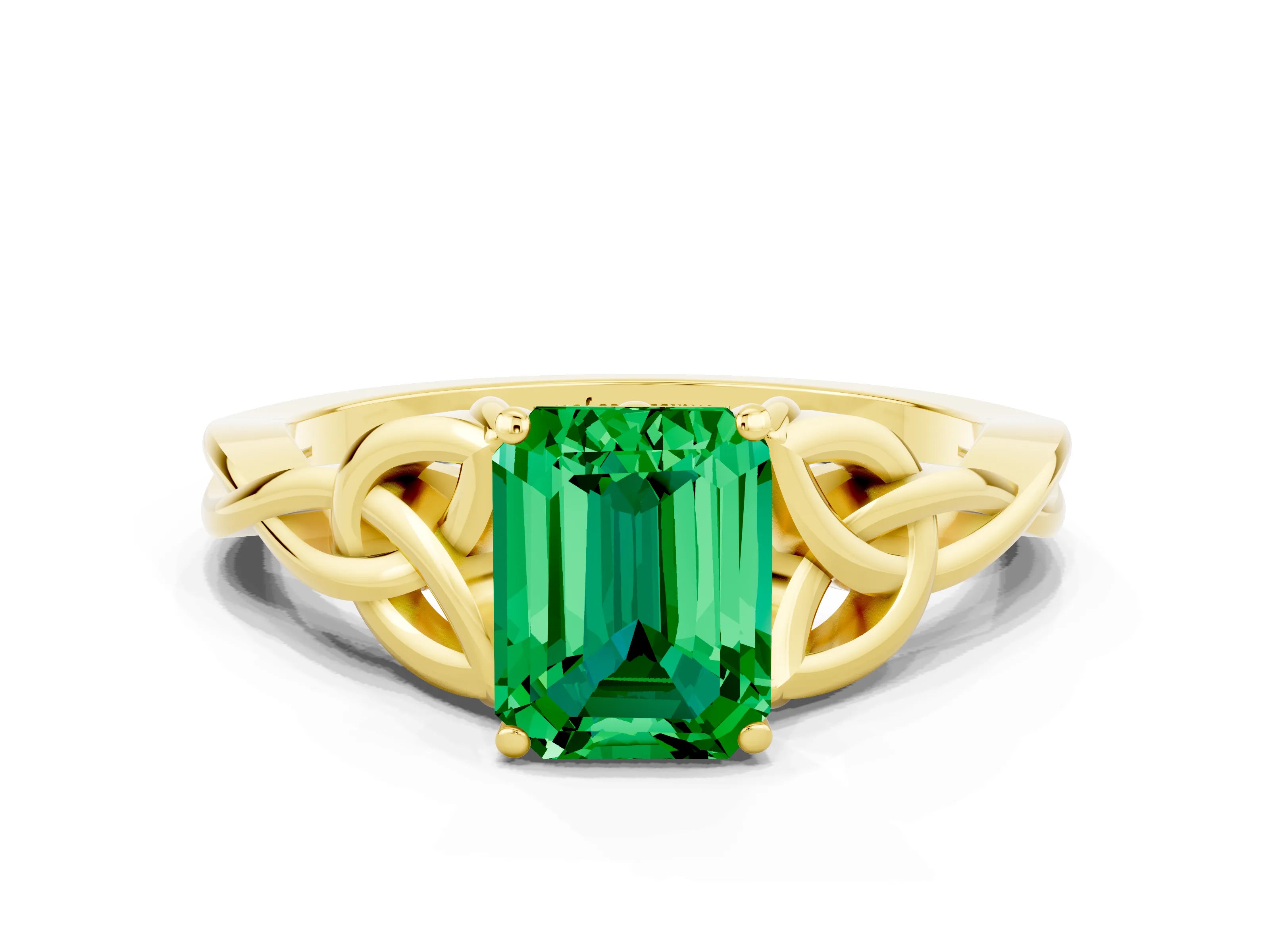 Yellow gold Emerald Cut Emerald Solitaire Engagement Ring with Celtic Knot Band and Four-Prong Setting
