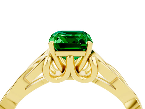 Yellow gold Emerald Cut Emerald Solitaire Engagement Ring with Celtic Knot Band and Four-Prong Setting_4