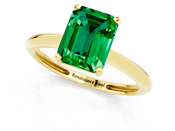 Yellow gold Emerald Cut Emerald Solitaire Engagement Ring with Classic Band and Four-Prong Setting