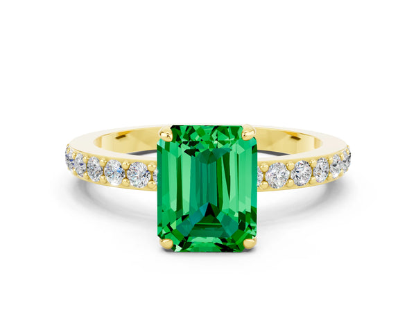 Yellow gold Emerald Cut Emerald Solitaire Engagement Ring with Pavé Band and Four-Prong Setting