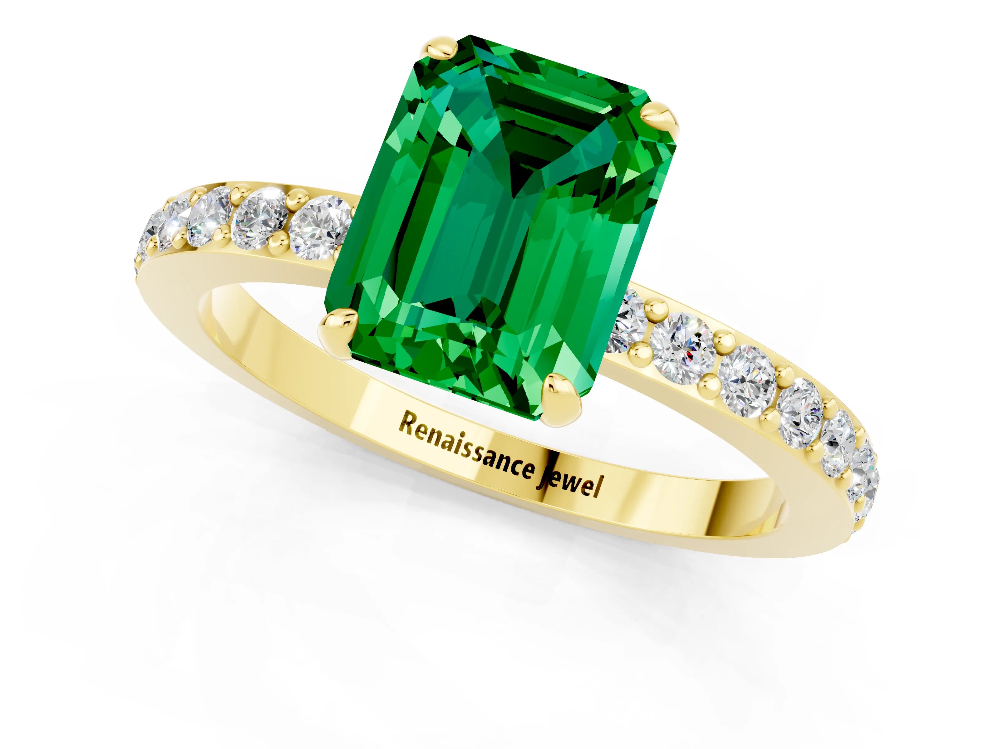 Yellow gold Emerald Cut Emerald Solitaire Engagement Ring with Pavé Band and Four-Prong Setting_1