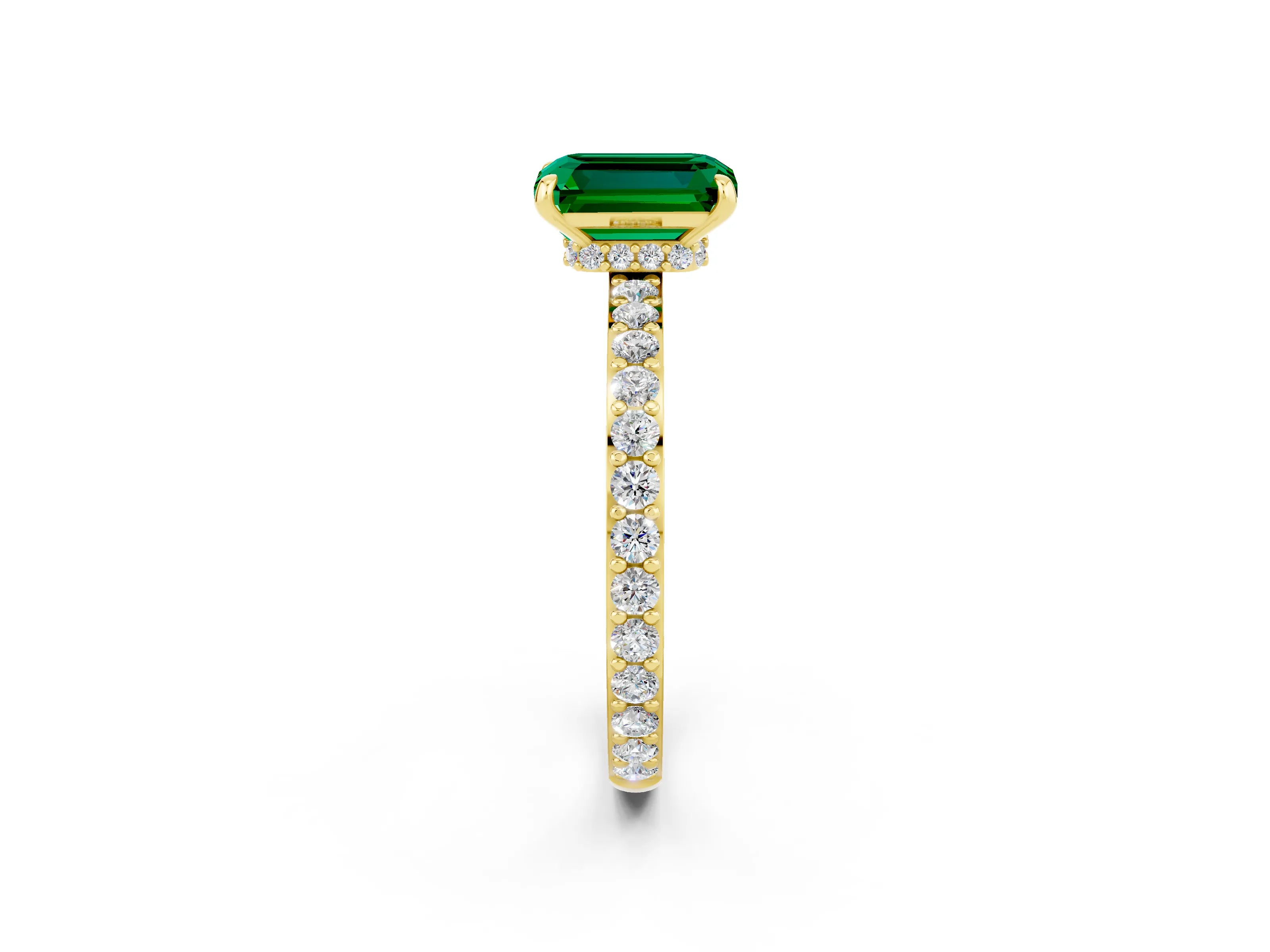 Yellow gold Emerald Cut Emerald Solitaire Engagement Ring with Pavé Band and Four-Prong Setting_2