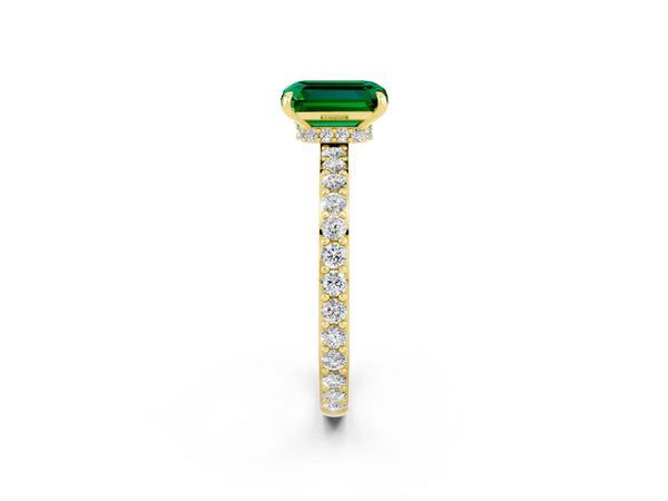 Yellow gold Emerald Cut Emerald Solitaire Engagement Ring with Pavé Band and Four-Prong Setting