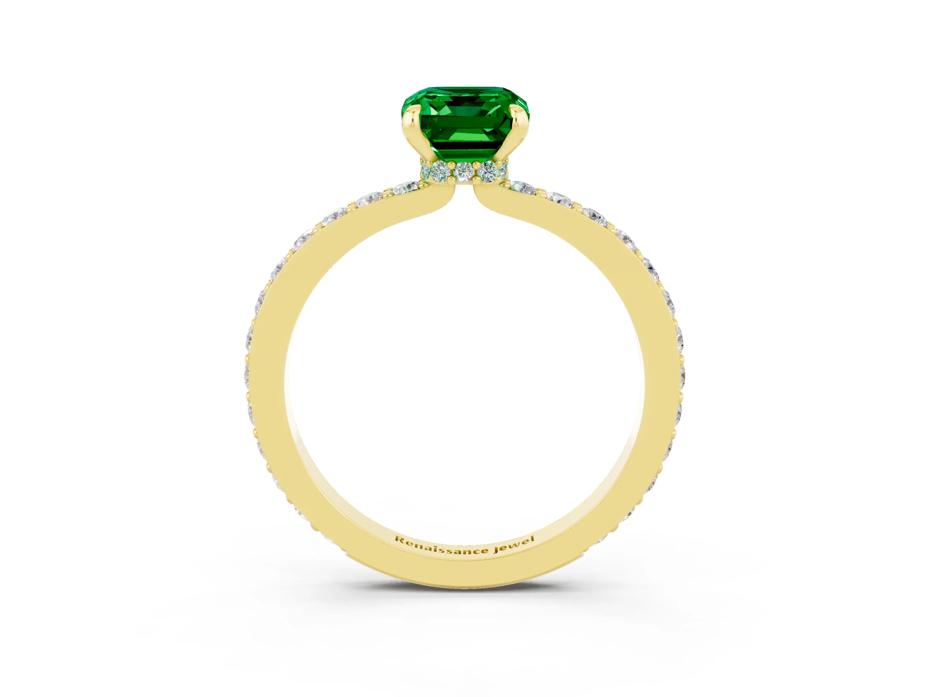 Yellow gold Emerald Cut Emerald Solitaire Engagement Ring with Pavé Band and Four-Prong Setting_3