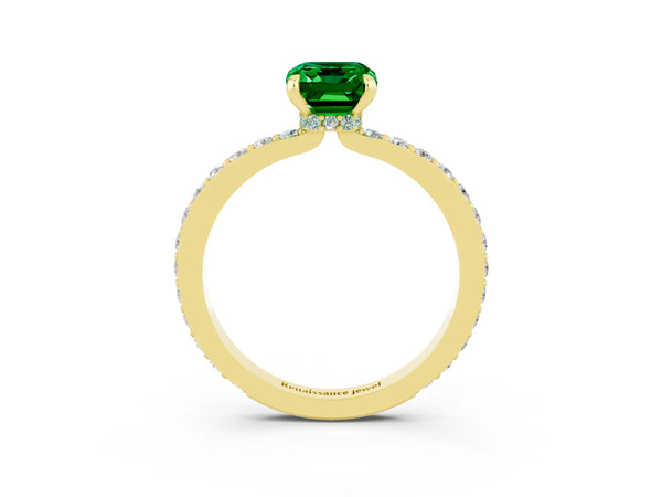Yellow gold Emerald Cut Emerald Solitaire Engagement Ring with Pavé Band and Four-Prong Setting