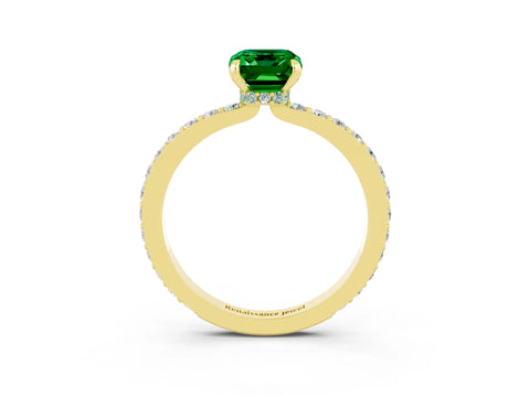 Yellow gold Emerald Cut Emerald Solitaire Engagement Ring with Pavé Band and Four-Prong Setting_3