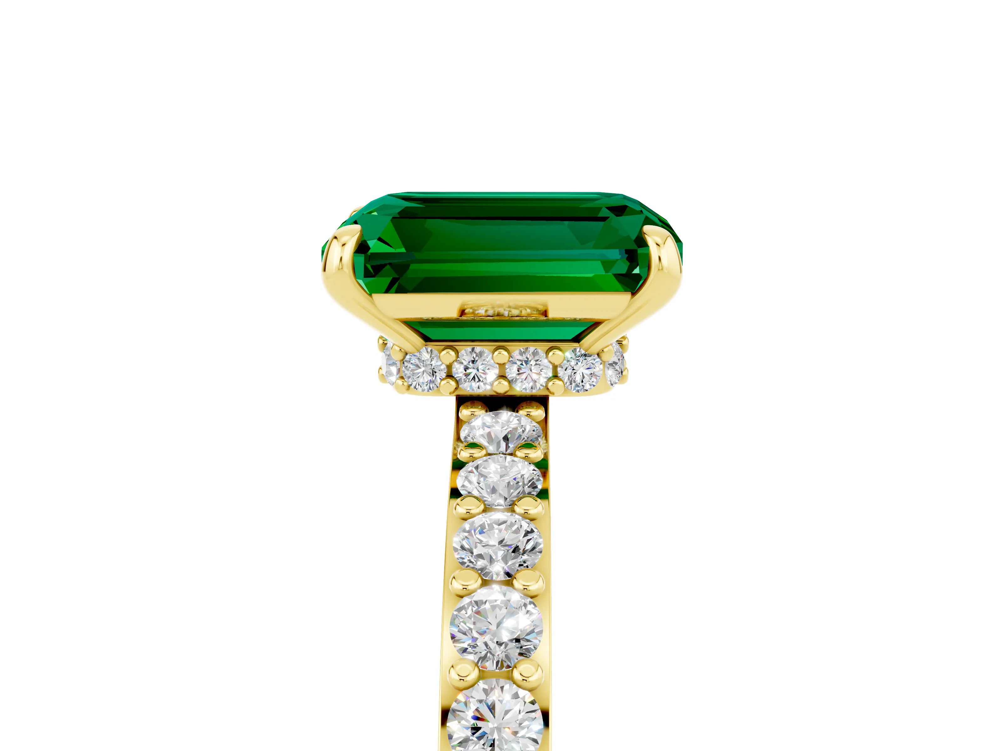 Yellow gold Emerald Cut Emerald Solitaire Engagement Ring with Pavé Band and Four-Prong Setting_5