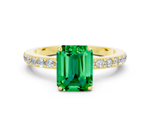 Yellow gold Emerald Cut Emerald Solitaire Engagement Ring with Pavé Band and Four-Prong Setting