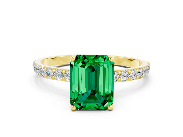 Yellow gold Emerald Cut Emerald Solitaire Engagement Ring with Round  Pavé Band and Prong Setting