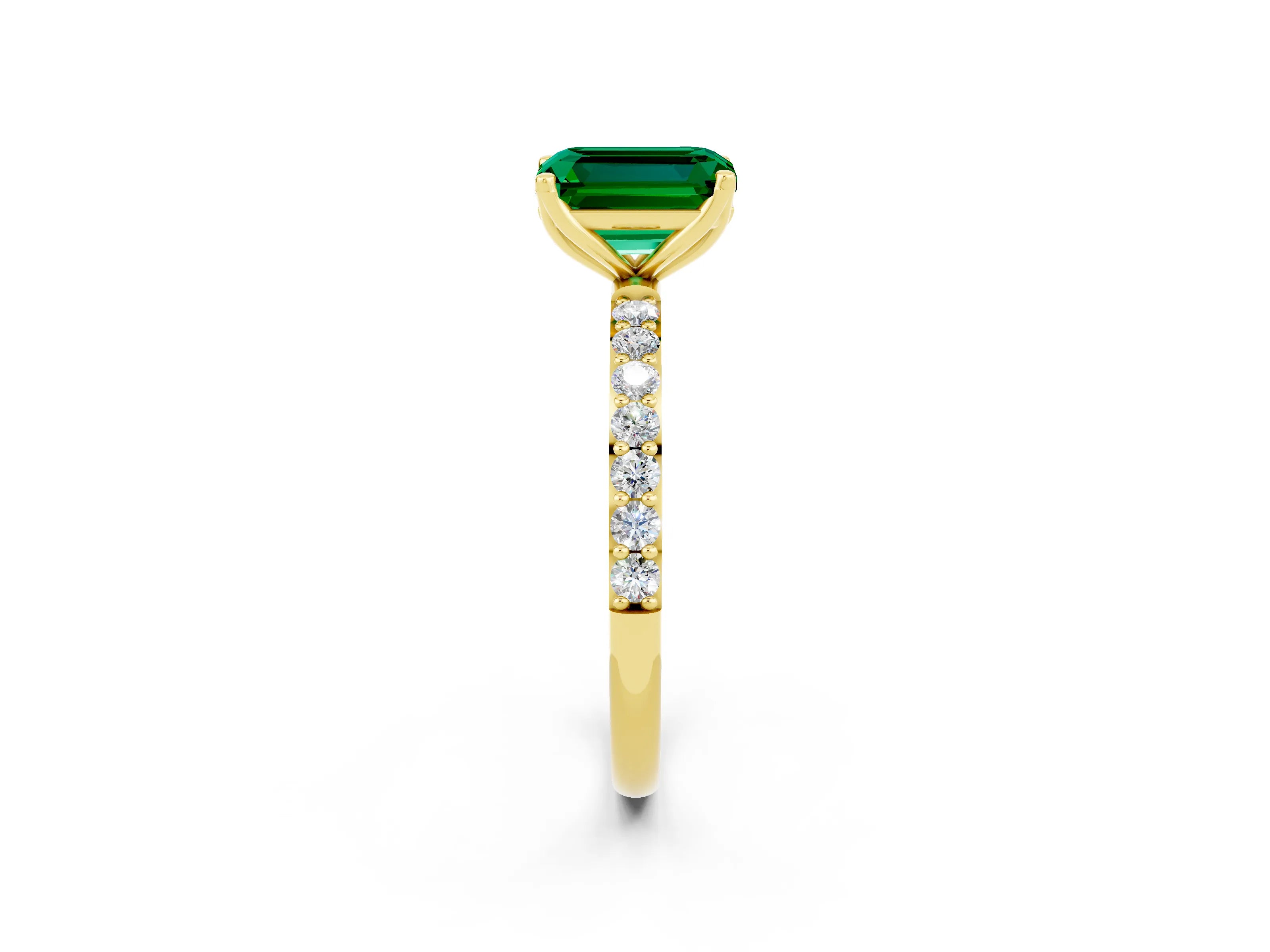 Yellow gold Emerald Cut Emerald Solitaire Engagement Ring with Pavé Band and Prong Setting_2