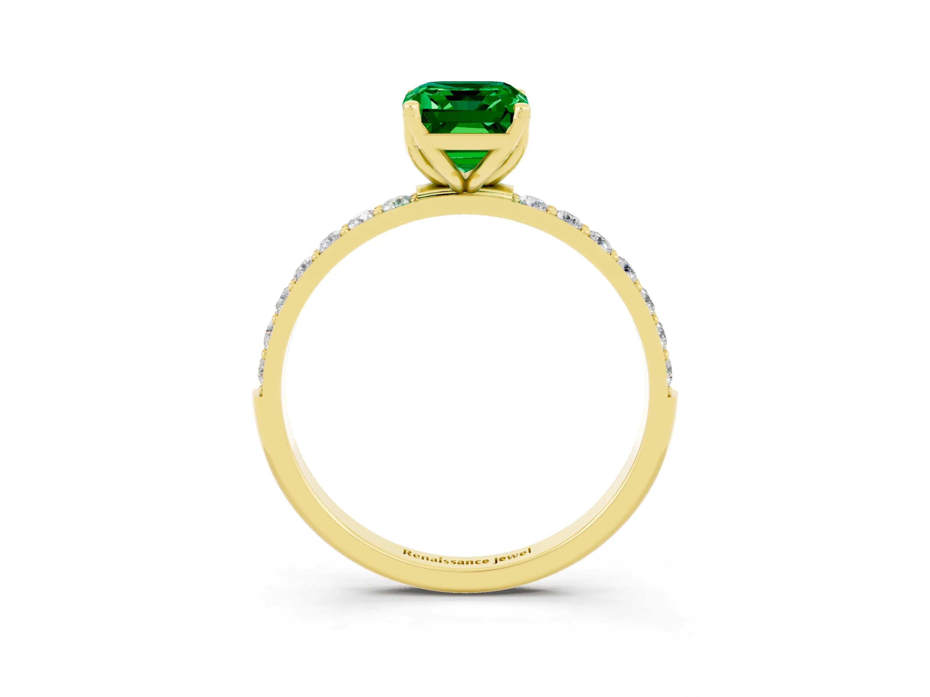 Yellow gold Emerald Cut Emerald Solitaire Engagement Ring with Pavé Band and Prong Setting_3
