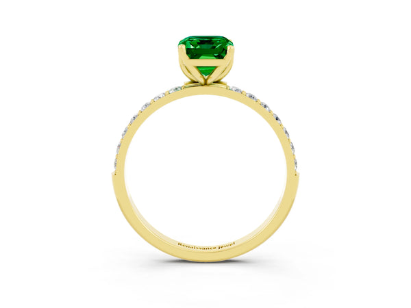 Yellow gold Emerald Cut Emerald Solitaire Engagement Ring with Round  Pavé Band and Prong Setting