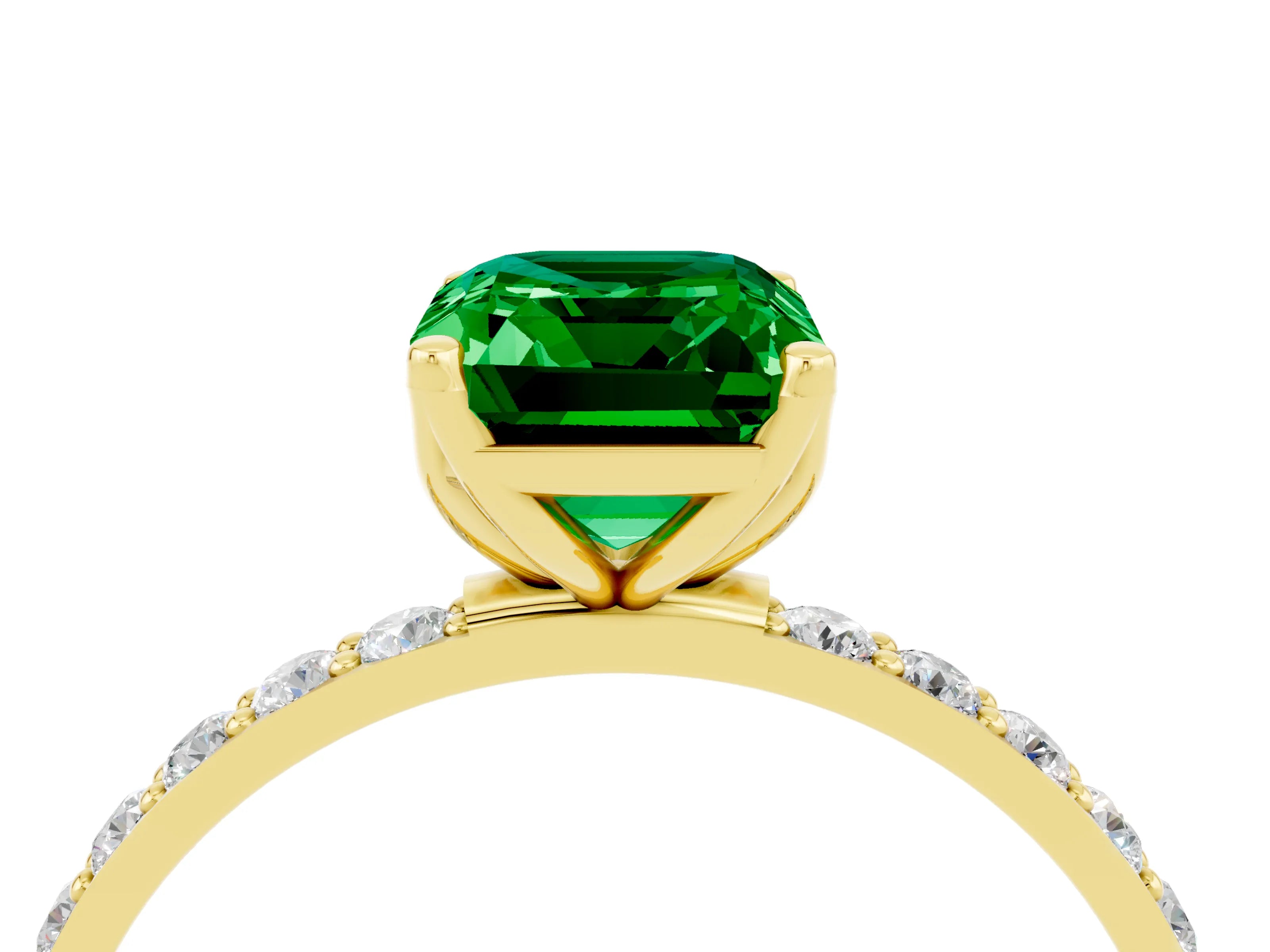 Yellow gold Emerald Cut Emerald Solitaire Engagement Ring with Pavé Band and Prong Setting_4