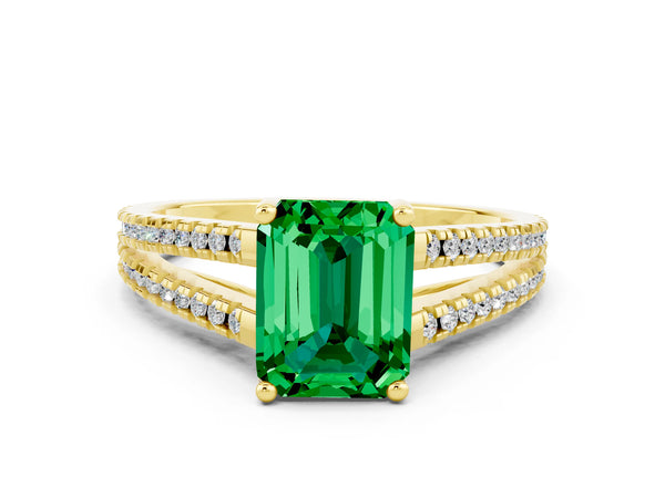 Yellow gold Emerald Cut Emerald Solitaire Engagement Ring with Split Shank Pavé Band