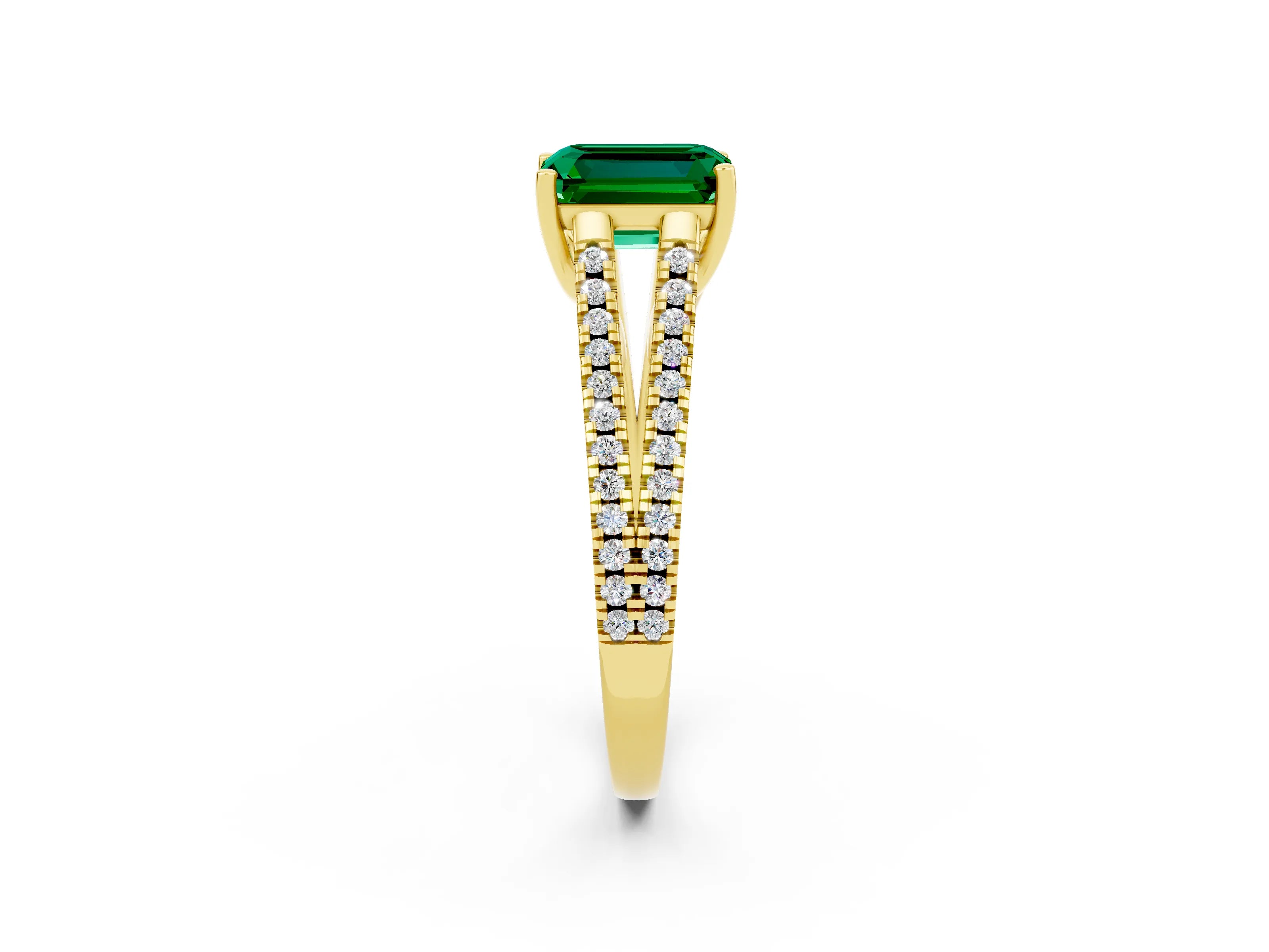 Yellow gold Emerald Cut Emerald Solitaire Engagement Ring with Split Shank Pavé Band_2